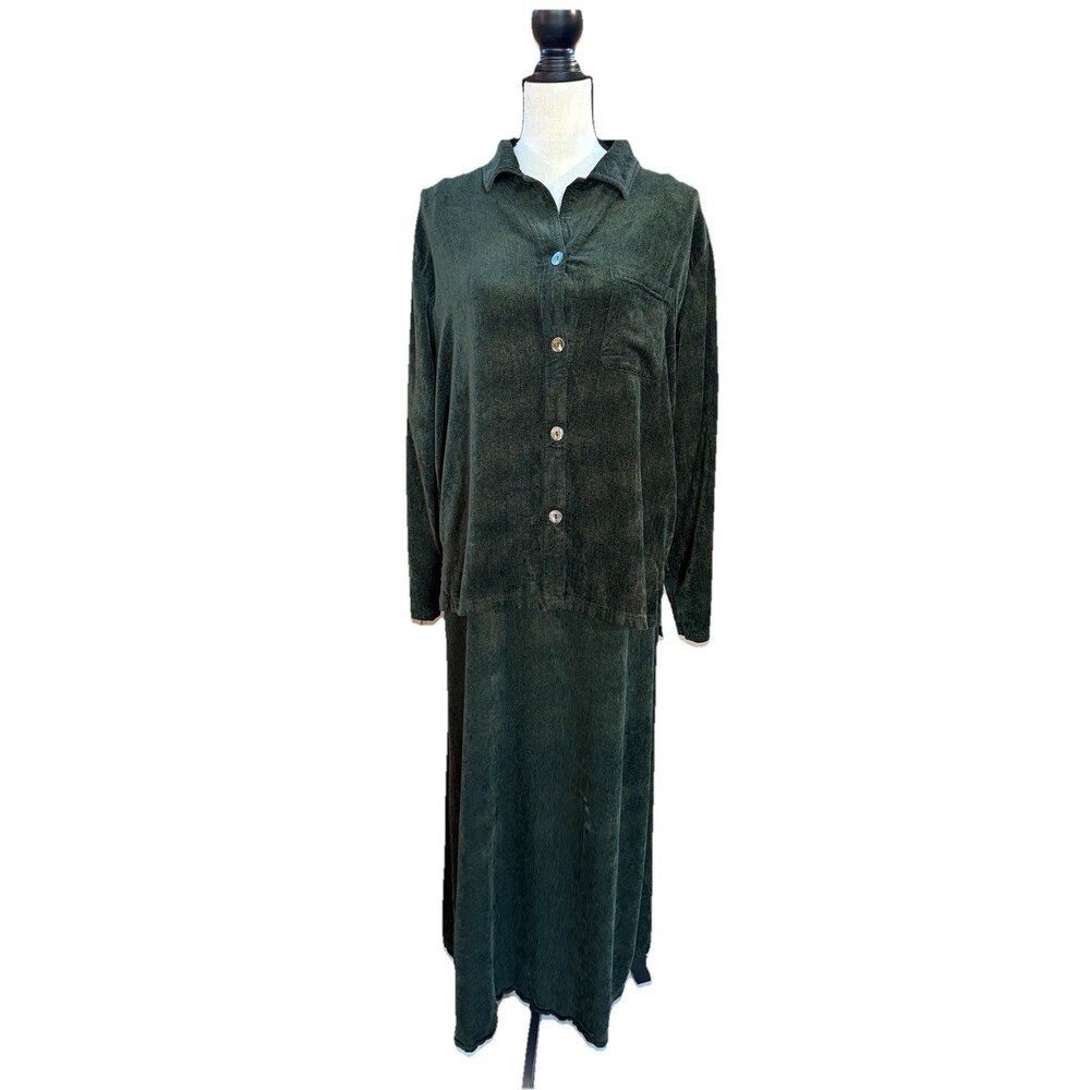 VTG David Dart Womens 2 Piece Dress Size L Sleeveless Pullover Green Corduroy